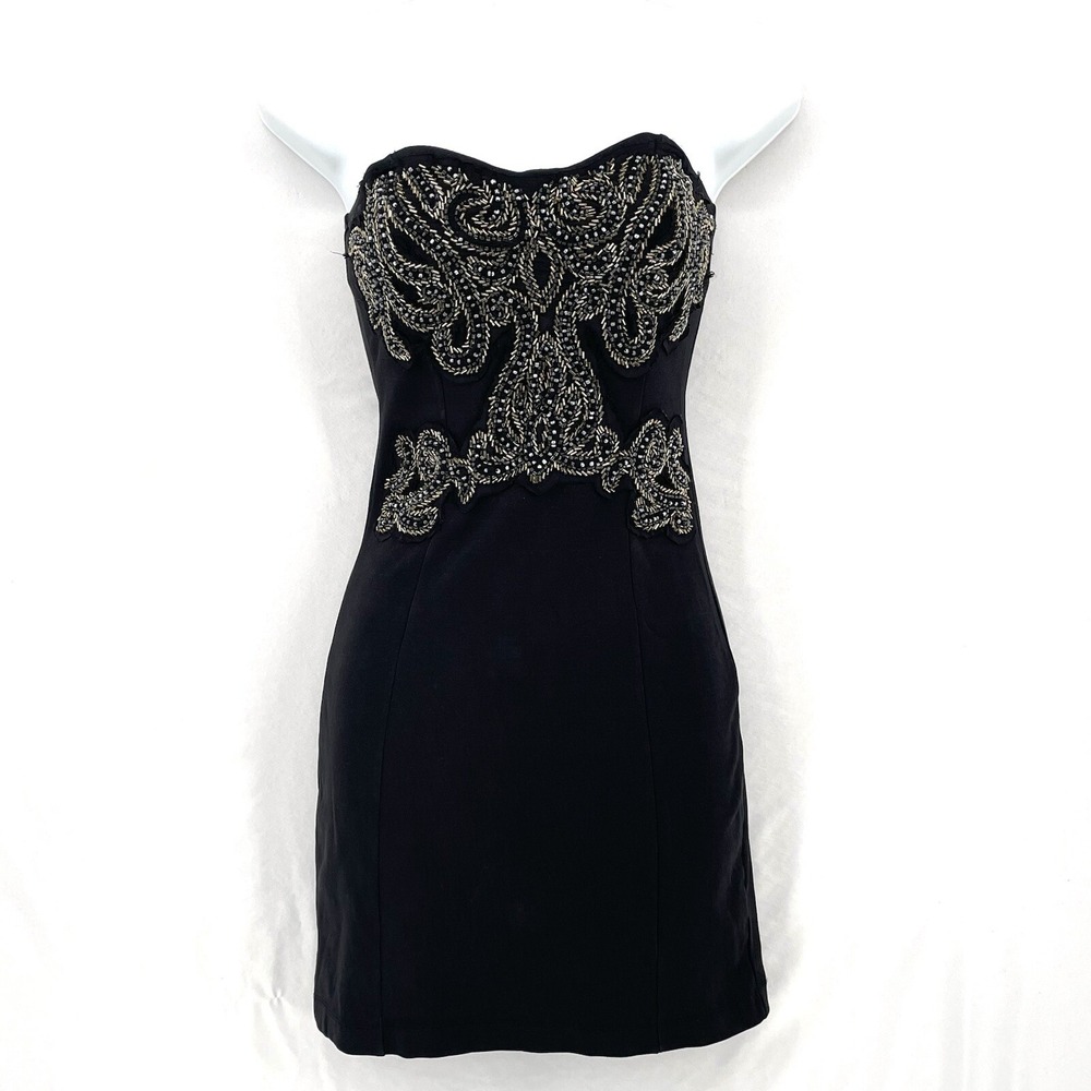 Free People Dress Size XS New Delhi Black Embellish Bead Strapless Bodycon Tube